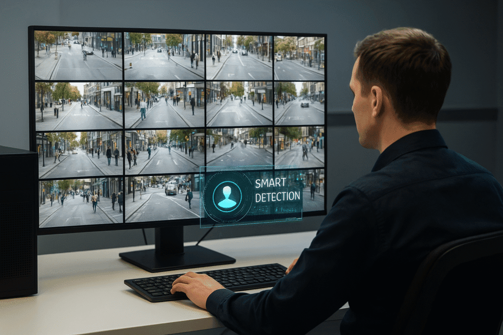 imagem de câmeras de segurança em monitor de empresa