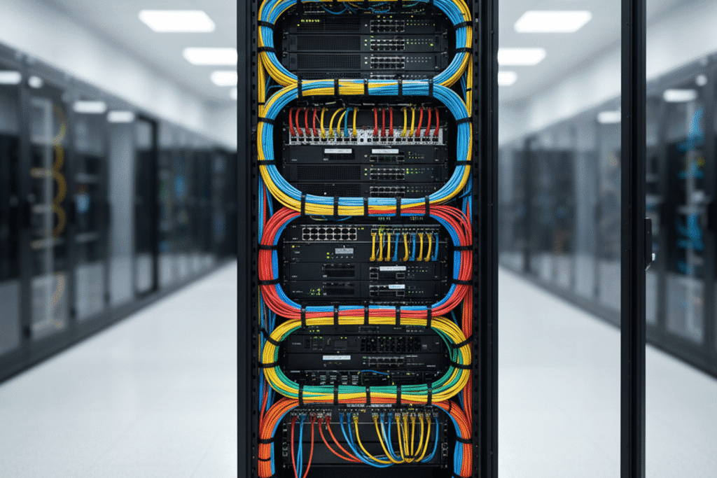 Rack de servidor organizado após serviço de cabeamento estruturado e instalação de pontos de rede em empresa